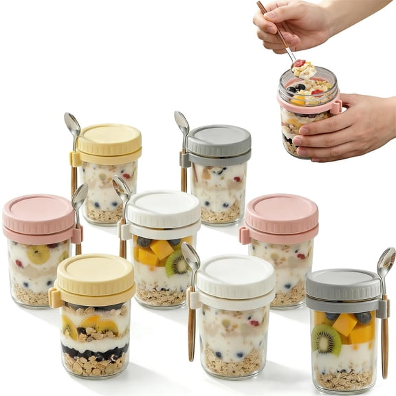 8 Pack Glass Oats Containers with Lids and Spoon, 12oz Breakfast Jars, Leakproof Glass Containers for Yogurt Chia Pudding B