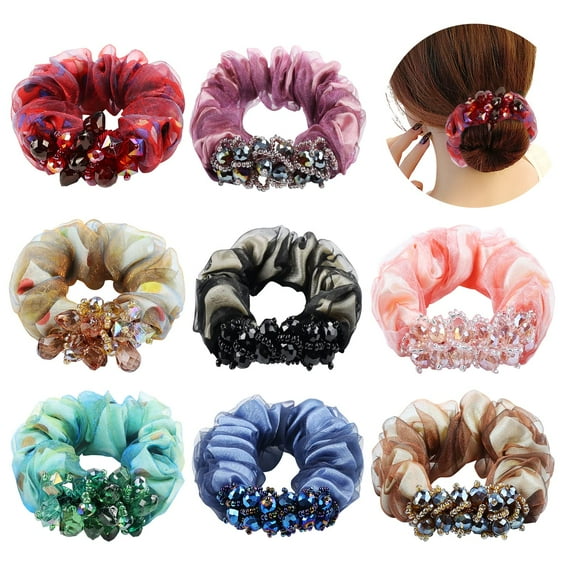 8 Pack Glitter Sparkly Lace Rose Flower Hair Ties Hair Bows Elastics Bands Stretchy Rubber Hairbands Thick Floral Headbands Scrunchies Ponytail Holder Accessories for Women Girl