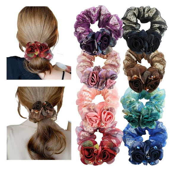 8 Pack Glitter Sparkly Lace Rose Flower Hair Ties Hair Bows Elastics Bands Stretchy Rubber Hairbands Thick Floral Headbands Scrunchies Ponytail Holder Accessories for Women Girl