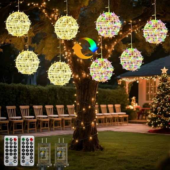 8-Pack Gold Color Changing LED Christmas Tree Ball Lights, 7.87" Outdoor Sphere Ornaments with 11 Modes for Garden Yard Porch Patio Decor