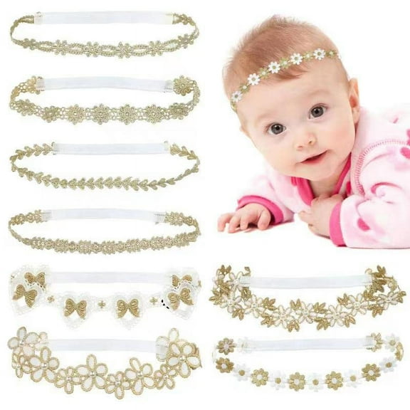 8 Pack Gold Delicate Flower Butterfly Leaf Stretchy Lace Headbands Baby Baptism Shower Christening Photo Props Hair Accessories for Baby Girls Infants Toddlers Kids (Gold-8 Pack)