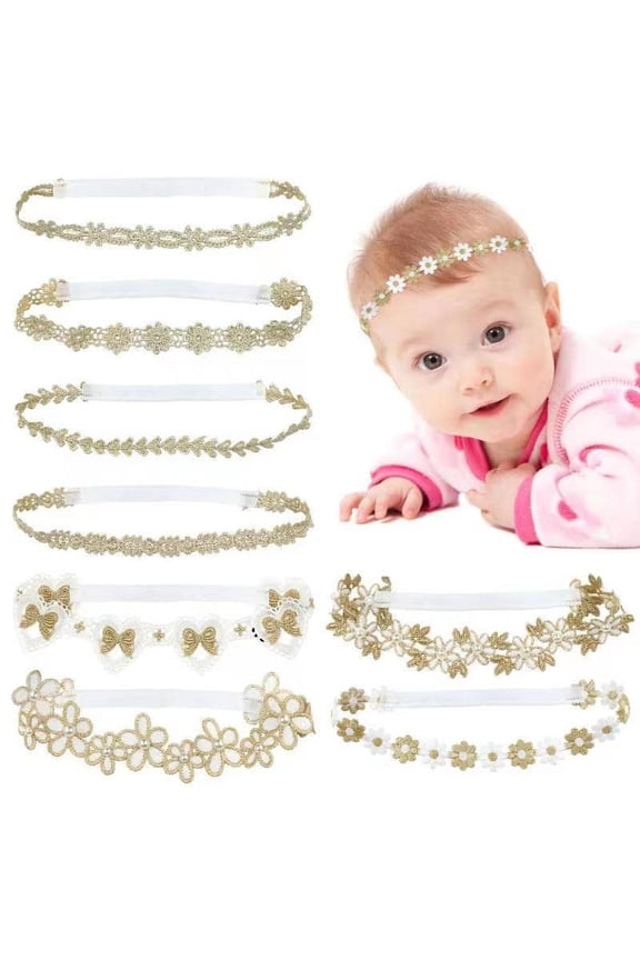 8 Pack Gold Delicate Flower Butterfly Leaf Stretchy Lace Headbands Baby Baptism Shower Christening Photo Props Hair Accessories for Baby Girls Infants Toddlers Kids (Gold-8 Pack)
