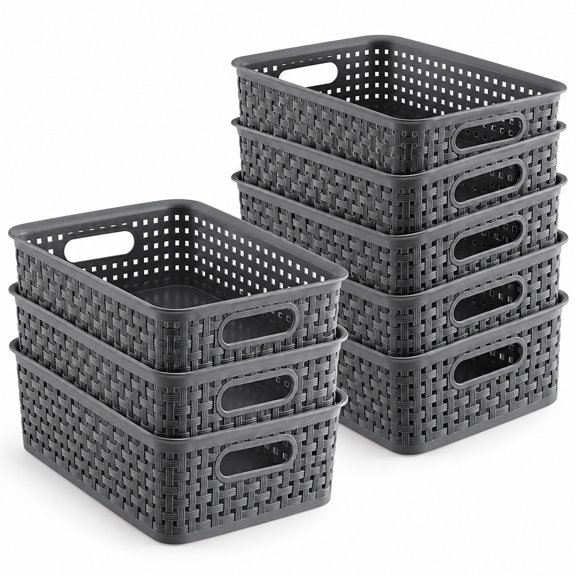 8 Pack Gray Plastic Storage Baskets - Durable, Flexible, Multi-Purpose Organizers for Home & Office
