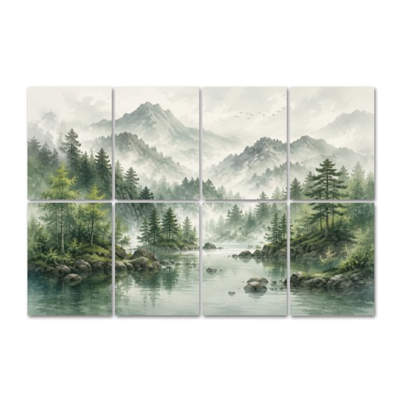 8 Pack Green Cartoon Pine Forest Art Acoustic Panels Self-Adhesive Nature inspired Natural Beauty Tranquil Decorative Sound Absorbing Wall Panels for Recording Studio Living Room 48"x32"