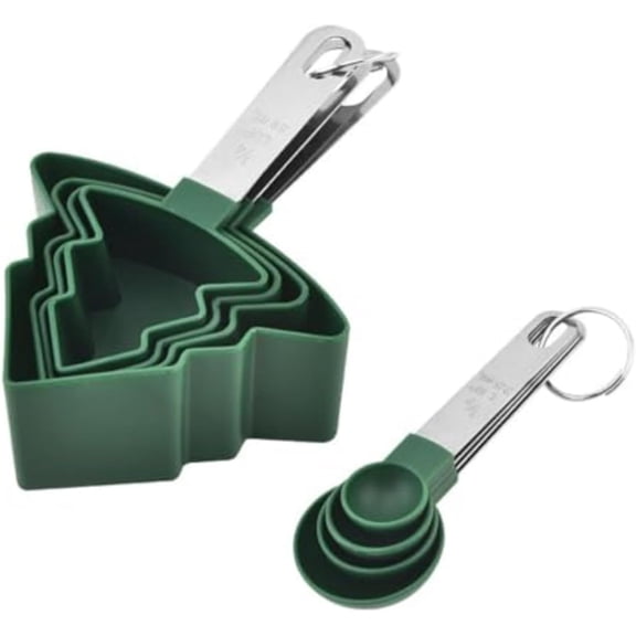 8 Pack Green Christmas Tree Shaped Measuring Cups & Spoons Set, Graduated Plastic Measuring Cups with Stainless Steel Measuring Spoons, Kitchen Baking Accurate Measuring Tools