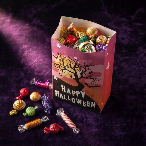 8 Pack Halloween Kraft Paper Treat Bags, Ghost Witch Pumpkin Skull Designs, Candy Goodie Gift Bags for Halloween Party Decor, 5.1x8.7 Inch