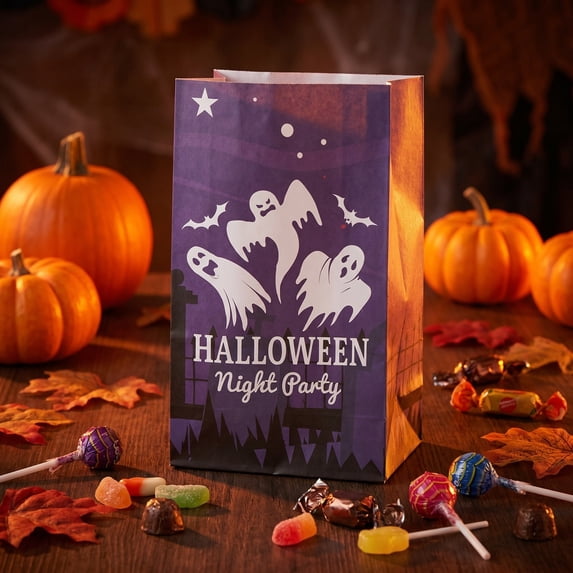 8 Pack Halloween Kraft Paper Treat Bags, Ghost Witch Pumpkin Skull Designs, Candy Goodie Gift Bags for Halloween Party Decor, 5.1x8.7 Inch