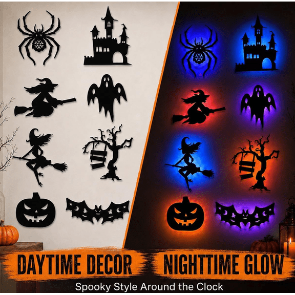8 Pack Halloween LED Silhouette Wall Light Stickers Battery Powered Decor, Peel Stick Waterproof Glowing Spooky Bat Ghost Witch Pumpkin Castle Spider Tree for Walls Windows Rooms Parties 8pcs