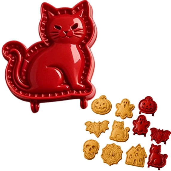 8-Pack Halloween Mini Hand Pie Molds for Baking - Red Cookie Cutters Set with House,Web,Skull,Witch Hat,Cat,Bat,Ghost,Pumpkin Shapes for Holiday Parties
