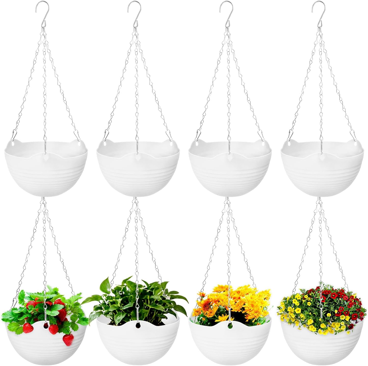 8 Pack Hanging Planter Pots,Self-Watering Flower Pot with Water Tray & Metal Chain,White Plastic Plant Pots for Indoor Outdoor Garden Decor,8 Inch