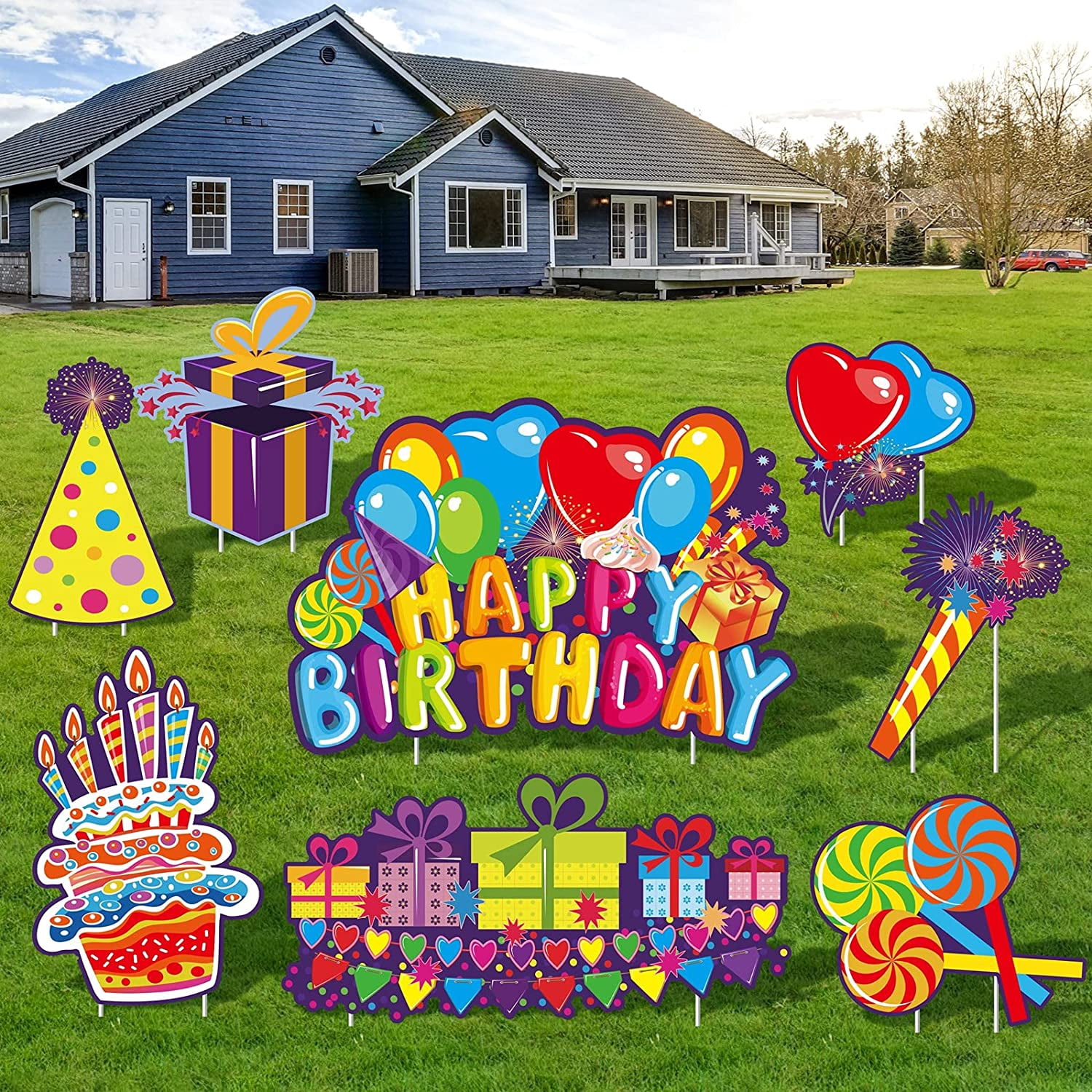 8 Pack Happy Birthday Yard Signs Lawn sign Balloons Yard Sign Colorful ...