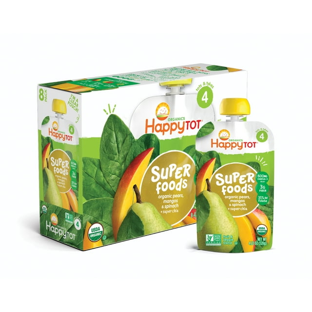 (8 Pack) Happy Tot Super Foods Pouches Organics Pears, Mangos & Spinach