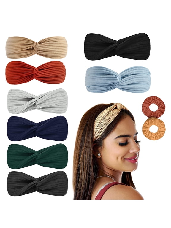 8 Pack Headbands for Women with 2 Hair Ties,Solid Color Twisted Knotted Head Bands for Women Hair,Thick Elastic Criss Cross Boho Hair Band,Turban Plain Headwrap for Girl Sports Yoga Workout