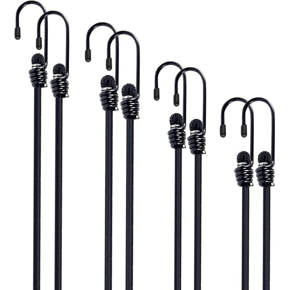 8 Pack Heavy Duty Bungee Cords with Metal Hooks - 12/18/24/36 Inch Elastic Tie Down Straps for Securing Cargo, Tarps, Tents, Luggage, Camping Gear - Outdoor, Truck, RV, Motorcycle, Moving, Storage