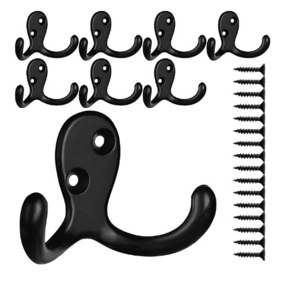 8 Pack Heavy Duty Double Prong Coat Hooks Wall Mounted with 16 Screws Retro Double Hooks Utility Hooks for Coat, Scarf, Bag, Towel, Key, Cap, Cup, Hat