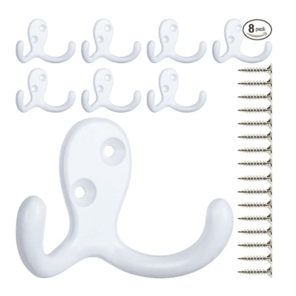 8 Pack Heavy Duty Double Prong Coat Hooks Wall Mounted with 16 Screws Retro Double Hooks Utility Hooks for Coat, Scarf, Bag, Towel, Key, Cap, Cup, Hat