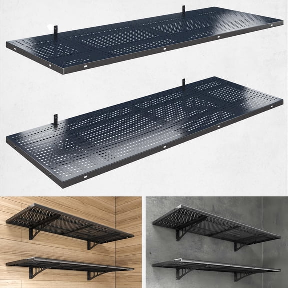 8 Pack Heavy Duty Garage Wall Shelving – 45.28 x 16.54 Inch Metal Storage Shelf, 530+ lbs Load Capacity per Shelf, Wall Mounted Garage Shelves with Hooks, Black, Space-Saving Utility Room Organizer