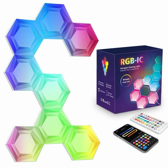 8 Pack Hexagon LED Lights with Remote & APP, Smart Hexagon Lights Sync to Music for Wall Gaming LED Lights, DIY Geometry Splicing Night Light for Game Room/Living Room/Bedroom/TV Decor