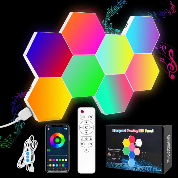 8 pack Hexagon Wall Lights - Smart RGB Hexagonal LED Panels APP Controlled with Music Sync, Honeycomb Design, for Gaming, Bedroom, Kids Room Decor