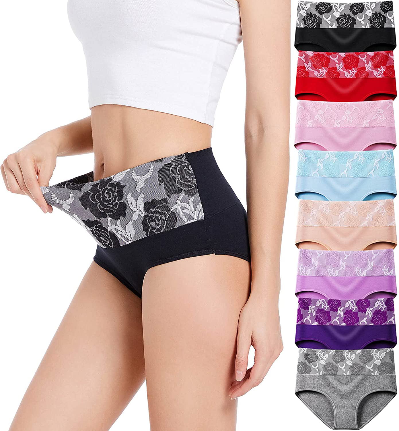 8 Pack High Waist Tummy Control Panties for Women, Cotton