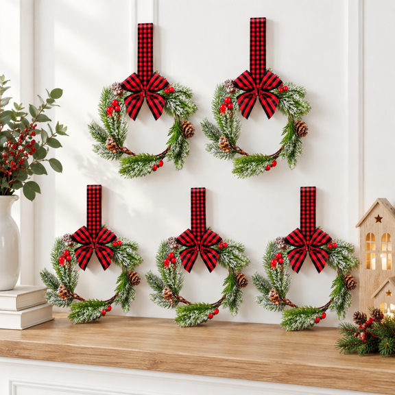 8-Pack Holiday Style Cabinet Wreaths with Ribbon Bow for Holiday Decor