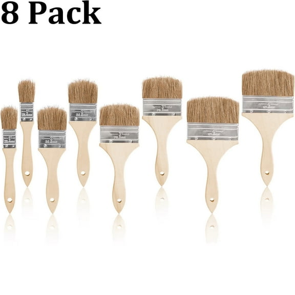 8 Pack Household Chip Paint Brushes 1inch 2inch 3inch 4inch Natural Bristles Wooden Handle Flat Brushes Set for Painting, Glue, Oil, Acrylic, Stain