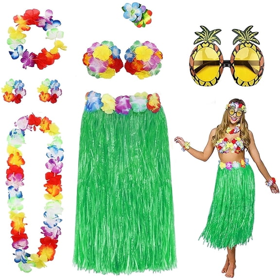 8 Pack Hula Skirt Kit for Women Men Hawaiian Luau Party Supplies Grass Skirt Kit