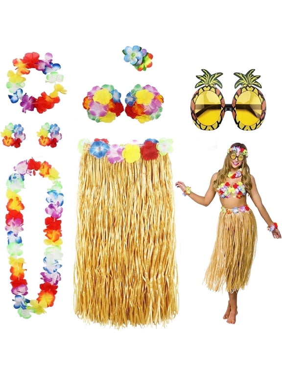 8 Pack Hula Skirt Kit for Women Men Hawaiian Luau Party Supplies Grass Skirt Kit