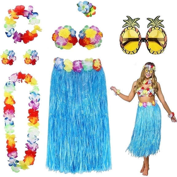 8 Pack Hula Skirt Kit for Women Men Hawaiian Luau Party Supplies Grass Skirt Kit