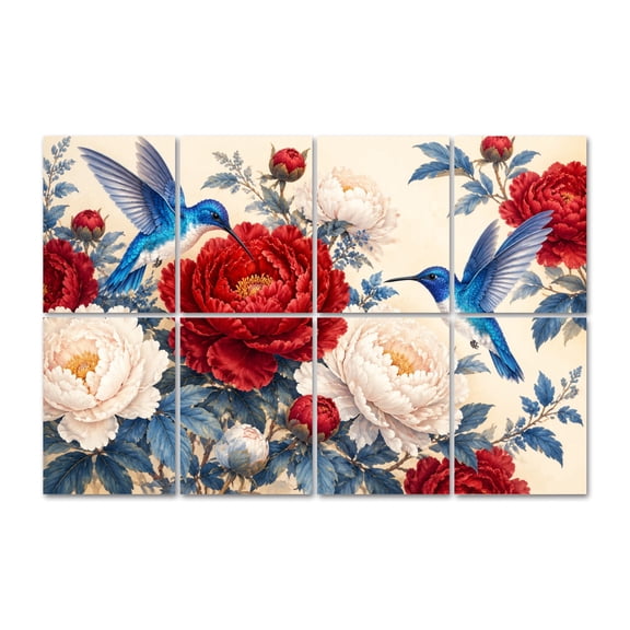 8 Pack Hummingbirds Peony Flowers Art Acoustic Panels Self-Adhesive Vibrant Floral Display Decorative Sound Absorbing Wall Panels, Sound Panels for Recording Studio Living Room 48"x32"