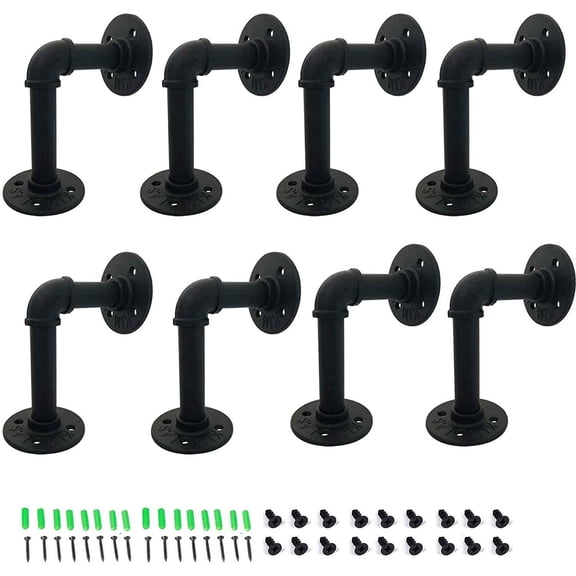 8 Pack Industrial Iron Pipe Shelf Bracket Wall Mounted DIY Floating Shelf Black