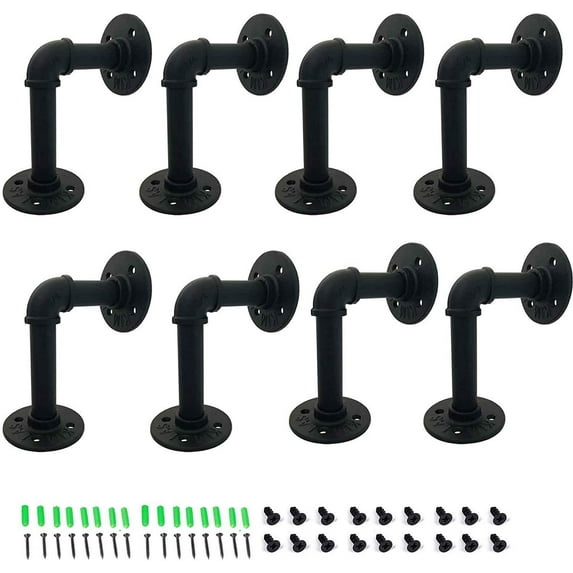 8 Pack Industrial Iron Pipe Shelf Bracket Wall Mounted DIY Floating Shelf Black