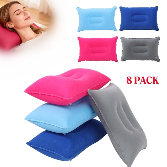 8 Pack Inflatable Travel Pillow Squared Flocked Fabric Air Pillow Ultralight, Compact and Comfortable for Traveling, Camping, Hiking, Napping, Desk Rest, Neck Lumbar Support