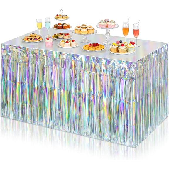 8 Pack Iridescent Table Skirt,Rainbow Tables Skirt,Disposable Metallic Foil Fringe Tinsel,Disposable Party Table Banner for Rectangle Tables Birthday Wedding Party Decoration(29x108Inch)