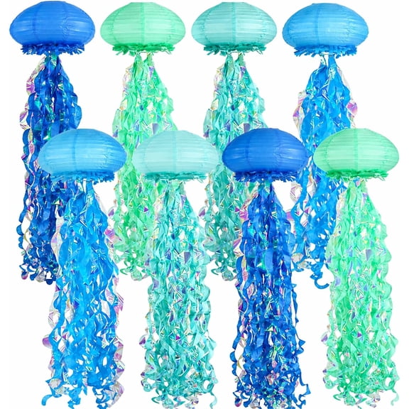 8 Pack Jellyfish Paper Lanterns with Ruffled Edges, Gradient Blue and Teal Under the Sea Party Decorations, Mermaid Birthday Decorations, Hanging Jellyfish Decorations, Ocean Decor