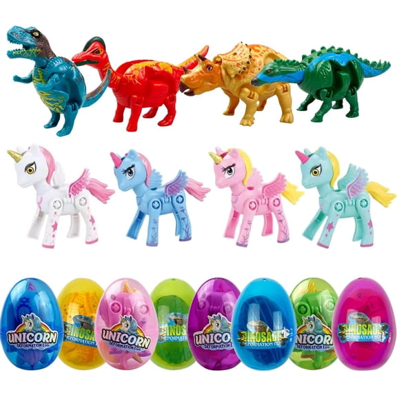 8-Pack Jumbo Unicorn and Dinosaur Deformation Easter Eggs with Toys Inside for Kids Easter Basket Fillers Party Favors
