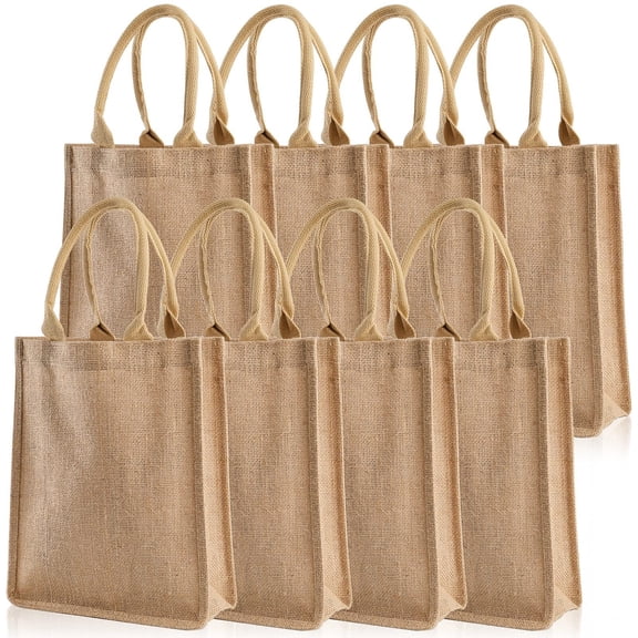 8 Pack Jute Tote Bags with Handles, Jute Grocery Totes for Bridesmaid, DIY, Shopping, Pool, Wedding, 9.8''x11.8''x3.9''