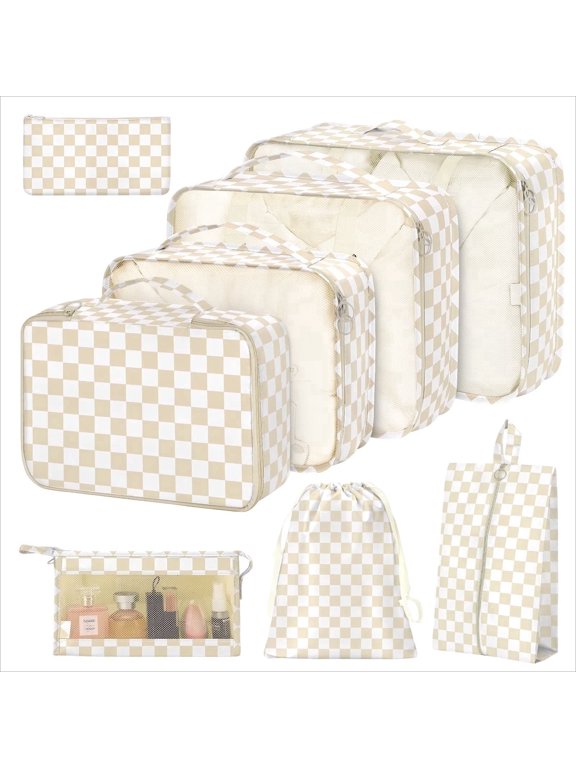8 Pack Khaki Checkered Travel Packing Organizer Set, Hygienic Moisture Resistant Fabric Luggage Storage Pouches for Adult Trip Sorting