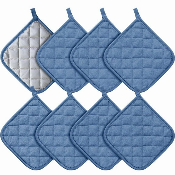 8 Pack Kitchen Everyday Basic Terry Pot Holders Heat Resistant Trivets Large Coasters Potholders Hot Pads for Cooking and Baking Sets by 7 x 7 Inch, Blue