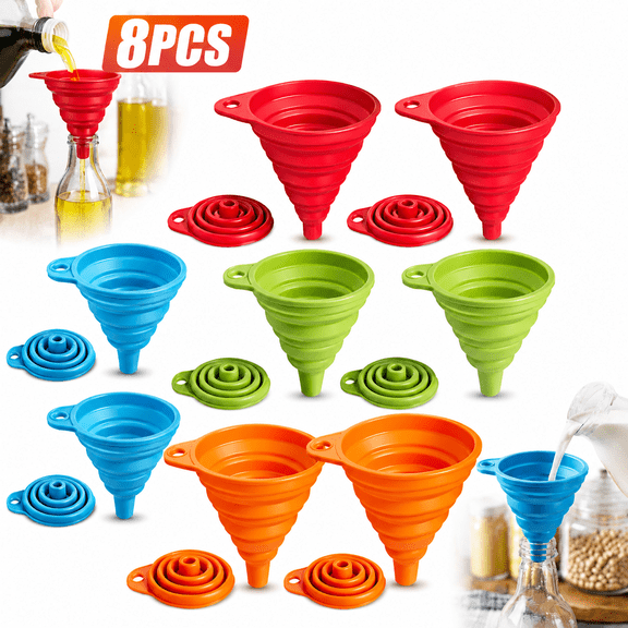 8 Pack Kitchen Funnel Set Small and Large, Kitchen Gadgets Accessories Foldable Silicone Collapsible Funnels for Filling Water Bottle Liquid Transfer Food Grade,Funnels for Filling Bottles
