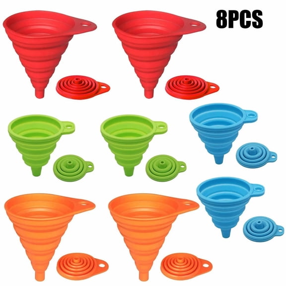 8 Pack Kitchen Funnel Set Small and Large, Kitchen Gadgets Accessories Foldable Silicone Collapsible Funnels for Filling Water Bottle Liquid Transfer Food Grade,Funnels for Filling Bottles