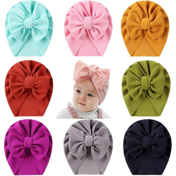 8 Pack Knotted Big Bowknot Hair Bow Turban Hats Beanie Caps Headwraps for Baby Girls Infants Toddlers Kids