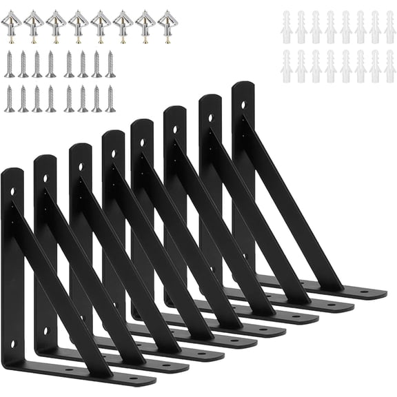 8 Pack L 6" x H 4" Heavy Duty Shelf Brackets with Screws, Black Metal, Wall Mount, 8 Count