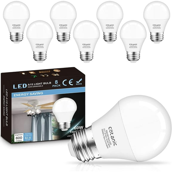 8 Pack LED Ceiling Fan Light Bulbs 2700K Warm White, A15 Small Bulb E26 Medium Screw Base, 6W Chandelier Light Bulb 60W Equivt, 600lm, Non-Dimmable
