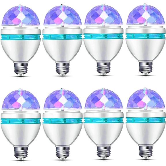 8 Pack LED Disco Light Bulb, Rotating Color Changing Strobe with Multi Crystal Effect, E26/E27 Base for Indoor Outdoor Party Stage Photography