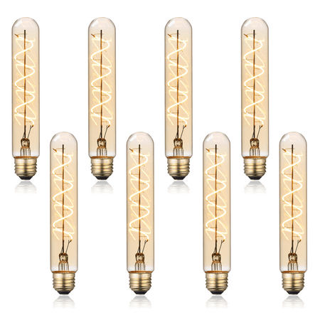 8 Pack LED Vintage Spiral Filament Bulb T10, 4.5W 7.17" Tubular Edison Light Bulbs, E26 Base, Dimmable Decorative Bulb, Amber Glass, 2000K Soft Warm, ETL/FCC