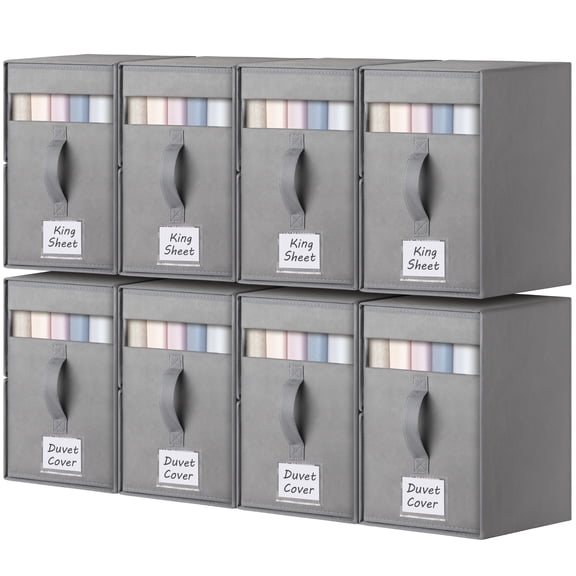 8 Pack Large Bed Sheet Organizers and Storage, (King & Queen Size) Sheet Organizer for Linen Closet, Foldable Bedding Storage Box with Window for Bedsheets, Blanket, Duvet Cover
