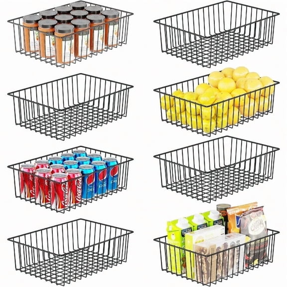 8 Pack Large Wire Baskets for Organization Metal Pantry Storage Baskets for Cabinet Kitchen Garage Bathroom Black