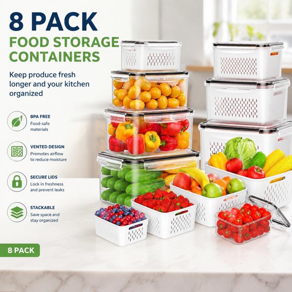 8-Pack Leakproof Fruit Storage Containers with Colanders, BPA-Free Produce Keeper for Fridge, Fresh Vegetable, Berry, Meat Storage with Lids