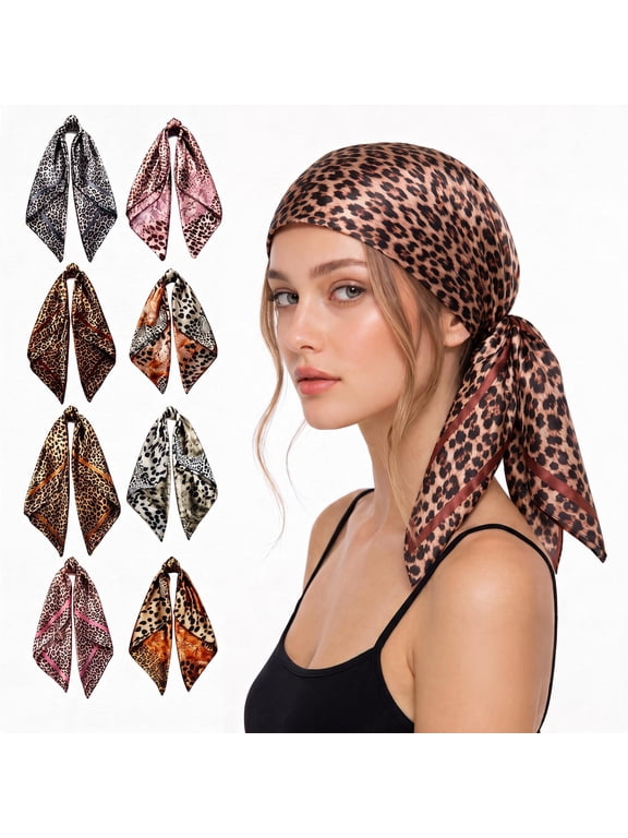 8 Pack Leopard Print Faux Satin Square Scarves for Women, European Trendy Large Head Wraps, Multi-use Fashion Bandana Shawl Headscarves